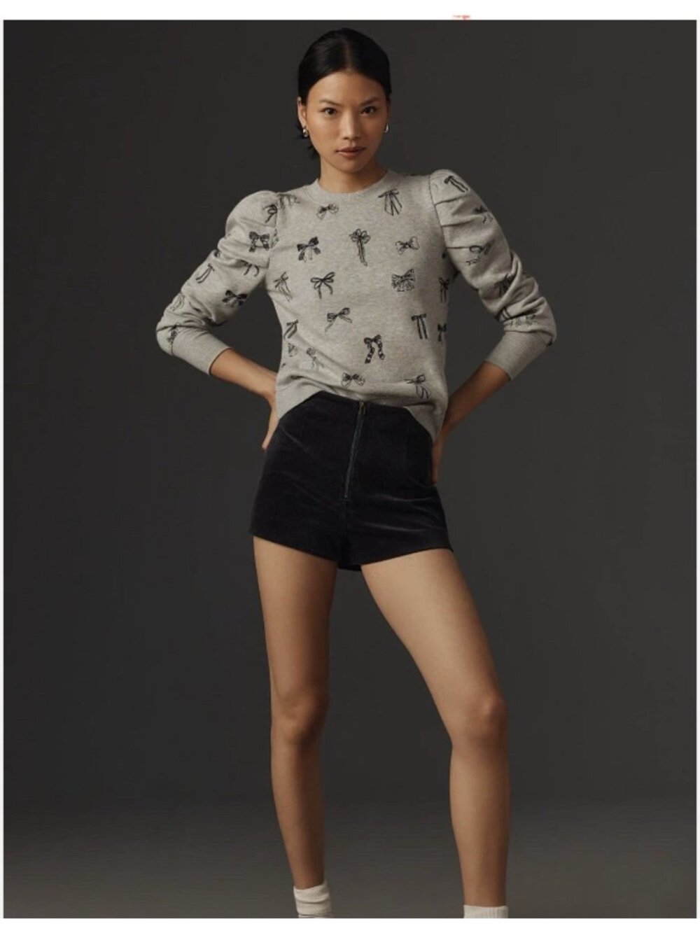 Maeve by Anthropologie Bow Print Embroidered Sweatshirt Puff Sleeve Gray Sz S